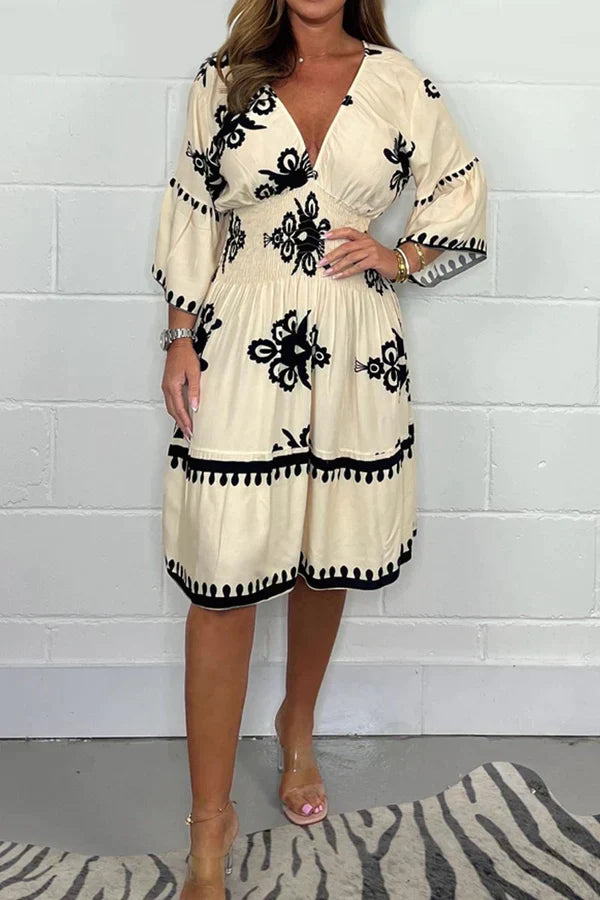 Women's Dress – V-neck – 3/4 Sleeves – Relaxed Fit – Patterned Design