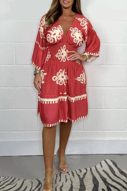 Women's Dress – V-neck – 3/4 Sleeves – Relaxed Fit – Patterned Design