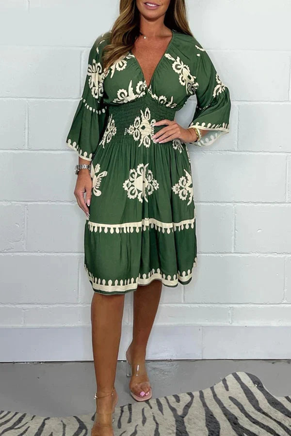 Women's Dress – V-neck – 3/4 Sleeves – Relaxed Fit – Patterned Design