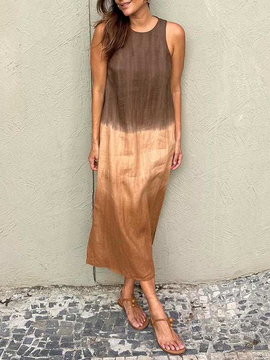 Women's Dress – Midi Length – Relaxed Fit – Sleeveless – Natural Fibers – Slit