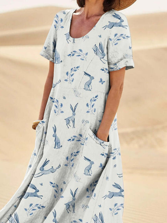 Dress for Women – Midi Length – Relaxed Fit – Short Sleeves – Natural Fibers – Print