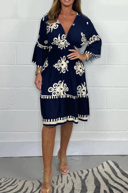 Women's Dress – V-neck – 3/4 Sleeves – Relaxed Fit – Patterned Design