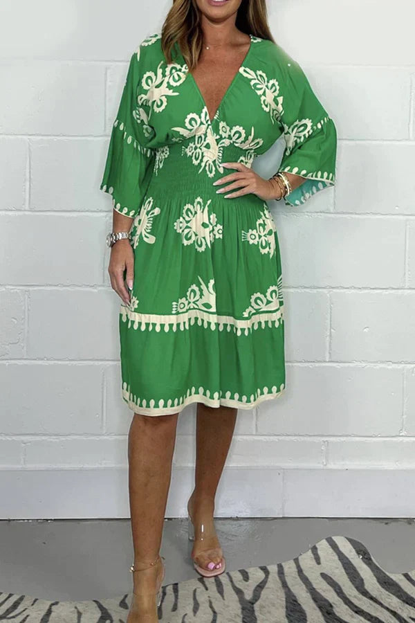 Women's Dress – V-neck – 3/4 Sleeves – Relaxed Fit – Patterned Design