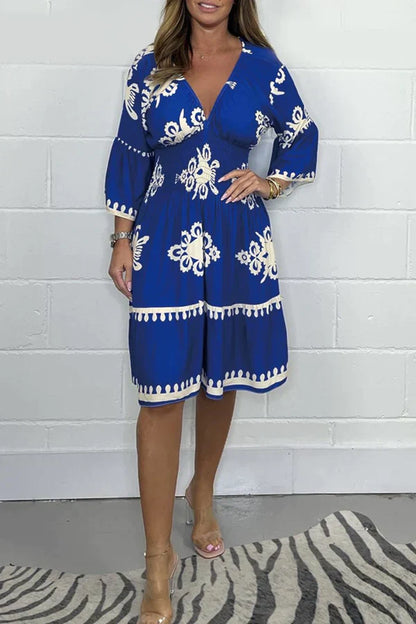 Women's Dress – V-neck – 3/4 Sleeves – Relaxed Fit – Patterned Design