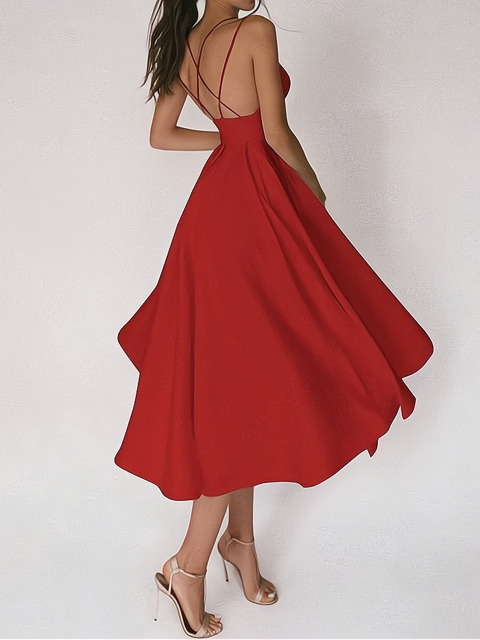 Women's Party Dress - V-Neck - Spaghetti Straps - Fitted Waist - Long A-Line Skirt