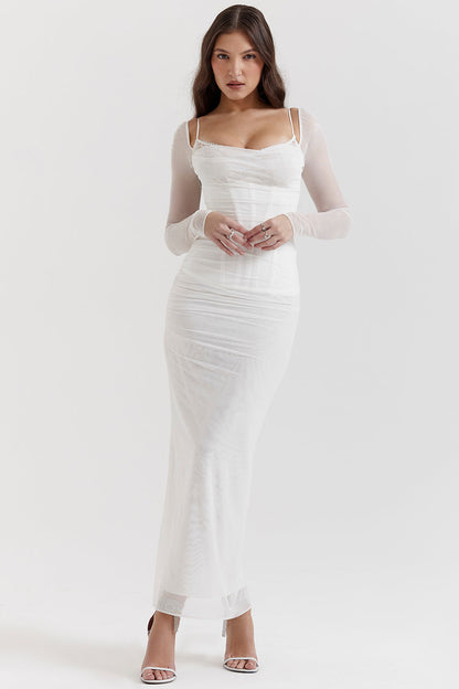 Dress for Women – Maxi Length – Fitted Fit – Sheer Sleeves – Lace Detail