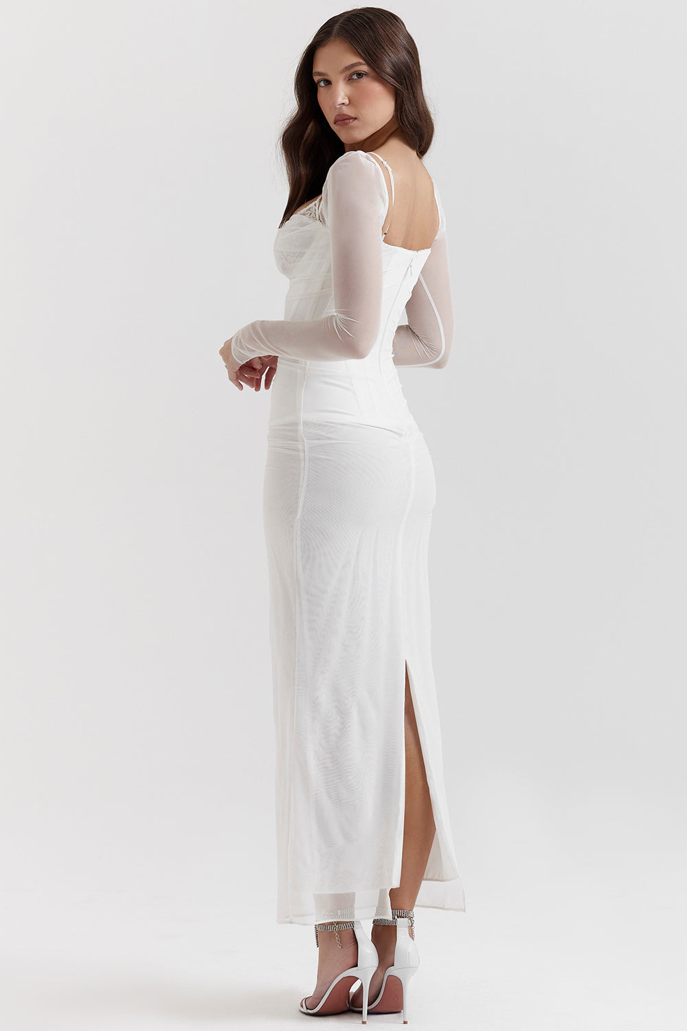 Dress for Women – Maxi Length – Fitted Fit – Sheer Sleeves – Lace Detail