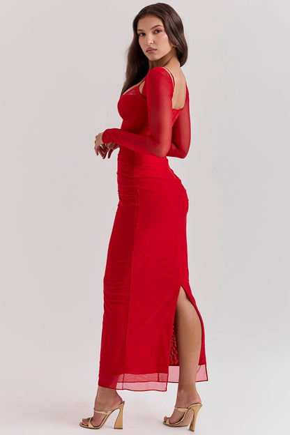 Dress for Women – Maxi Length – Fitted Fit – Sheer Sleeves – Lace Detail