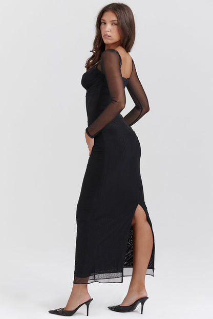 Dress for Women – Maxi Length – Fitted Fit – Sheer Sleeves – Lace Detail