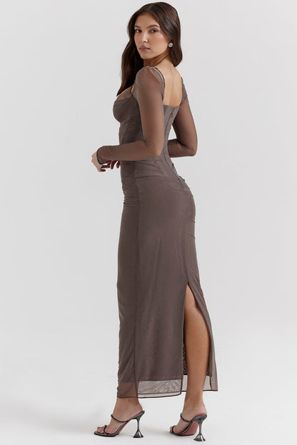 Dress for Women – Maxi Length – Fitted Fit – Sheer Sleeves – Lace Detail