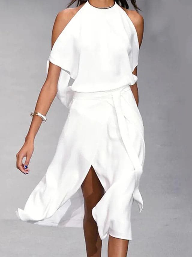 Women's Dress - Halterneck - Sleeveless - Flowy Fit - High Slit Elegant Design