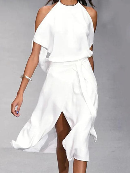 Women's Dress - Halterneck - Sleeveless - Flowy Fit - High Slit Elegant Design