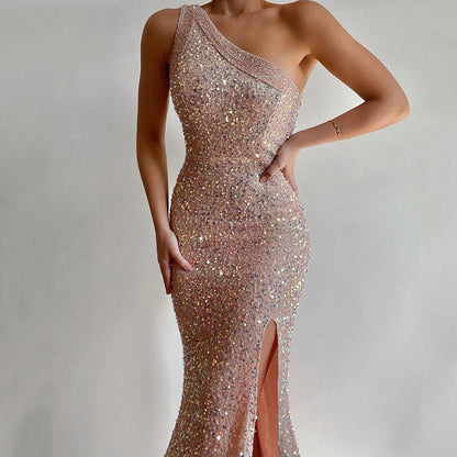 Dress for Women – One-Shoulder – Slim Fit – Sequins – Long with Slit