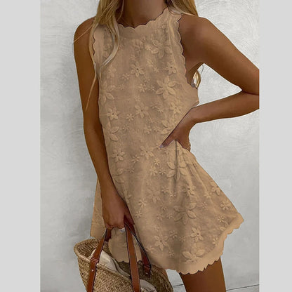 Women Dress - Sleeveless A-line - Floral Embroidery - Sculpted Hem - Light and Airy
