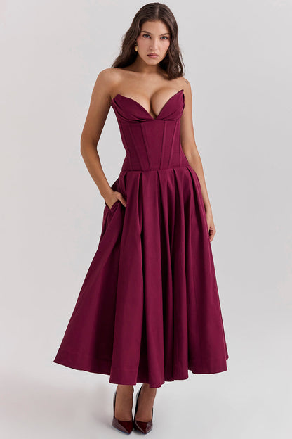 Dress for Women – Strapless Midi – Woven Satin – A-line Cut – Elegant Fit