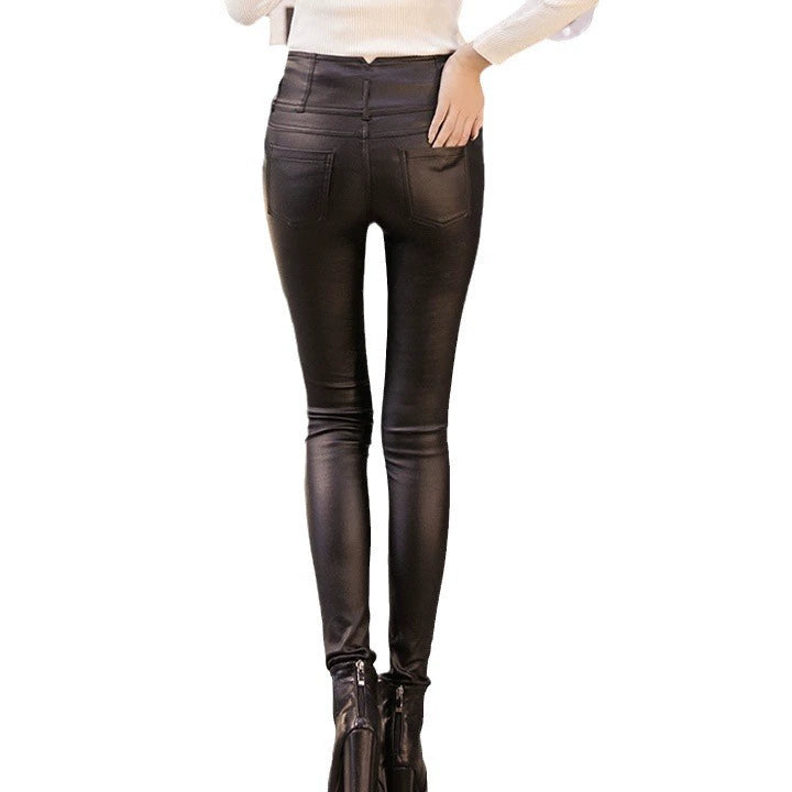 Women Leather Pants - High-Waisted Slim Fit - Button Details - Elegant Look