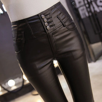 Women Leather Pants - High-Waisted Slim Fit - Button Details - Elegant Look