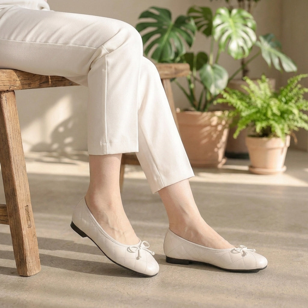 Quilted Square Toe Bow Knot Mary Jane Flats for Women – Comfortable & Lightweight Design