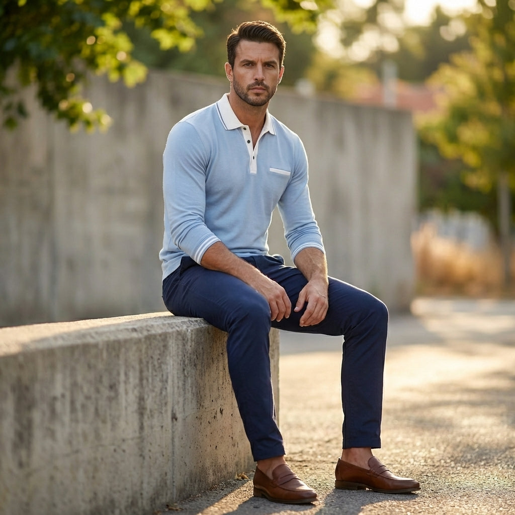 Textured Collared Long Sleeve Polo Shirt for Men – Stylish & Comfortable Design