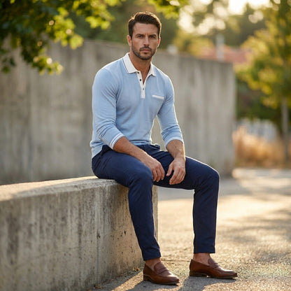 Textured Collared Long Sleeve Polo Shirt for Men – Stylish & Comfortable Design