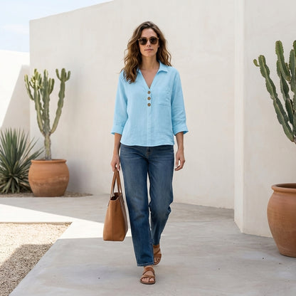 Relaxed Fit Collared V-Neck Shirt for Women – Casual Comfortable Style