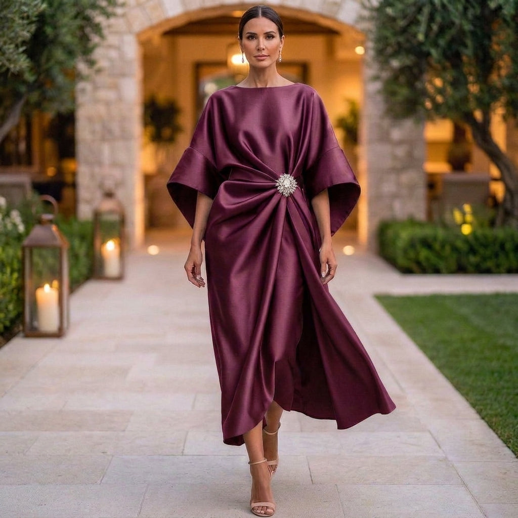 Shimmer Draped Ankle-Length Long Dress for Women – Elegant Evening Style