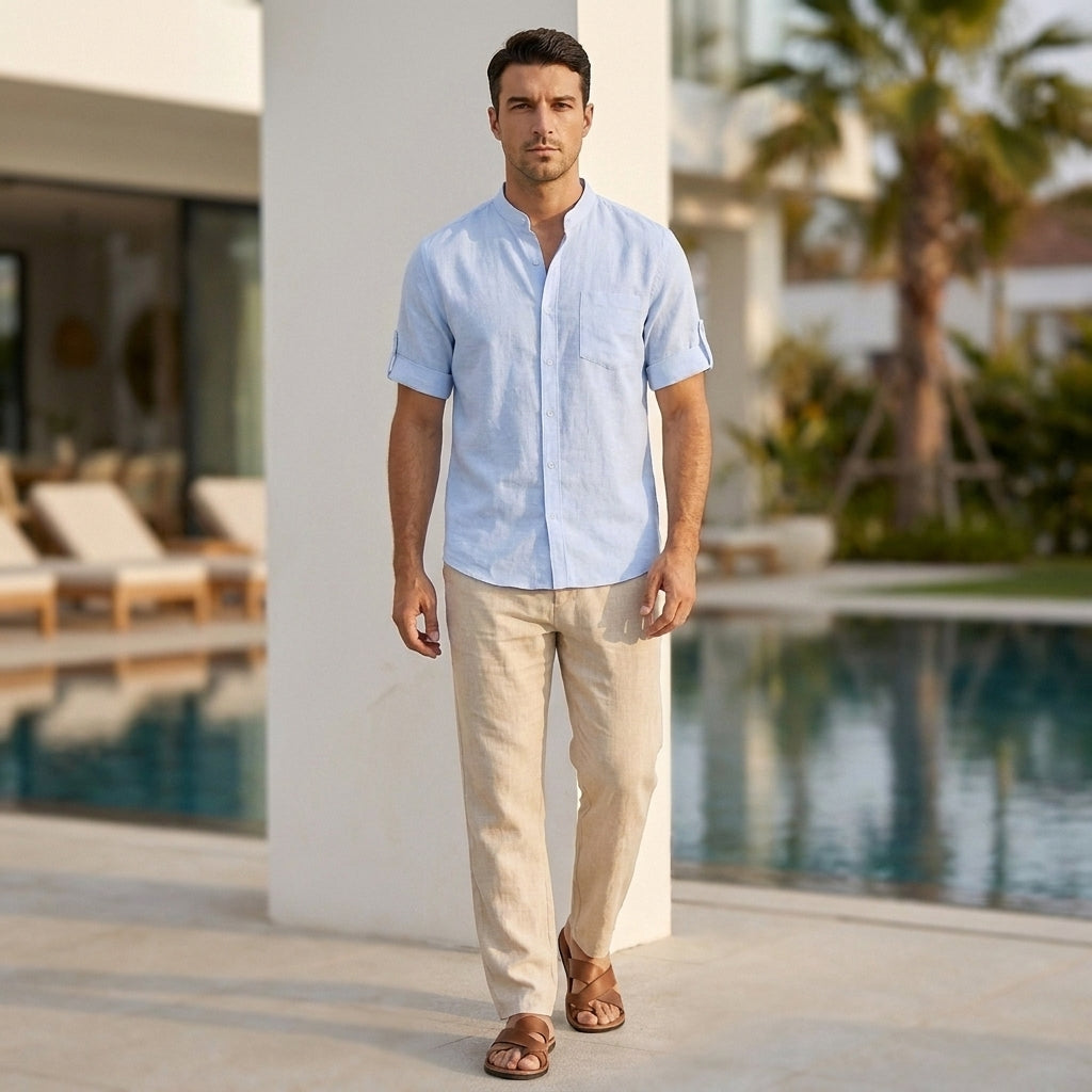 Relaxed Fit Short Sleeve Band Collar Shirt for Men – Casual Stylish Comfort