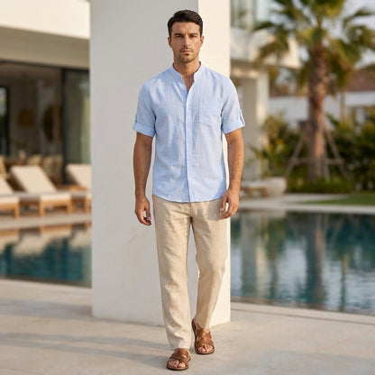 Relaxed Fit Short Sleeve Band Collar Shirt for Men – Casual Stylish Comfort