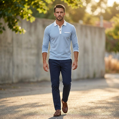 Textured Collared Long Sleeve Polo Shirt for Men – Stylish & Comfortable Design
