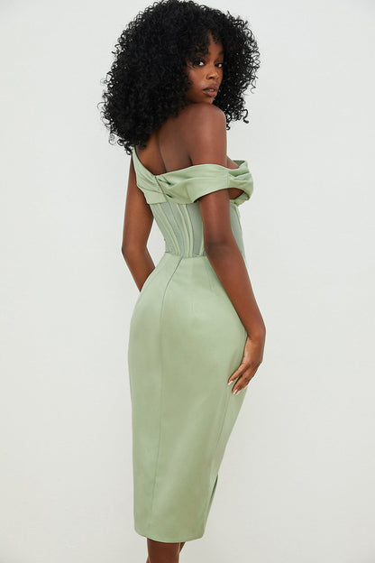 Dress for Women – Midi – Satin Look – Corset Waist – Asymmetric Off-Shoulder