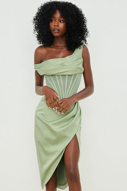 Dress for Women – Midi – Satin Look – Corset Waist – Asymmetric Off-Shoulder