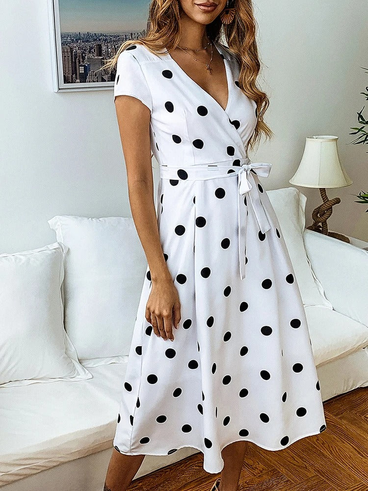 Women's Dress - Wrap Design - Midi Length - Polka Dot Pattern - Short Sleeves - A-Line Fit