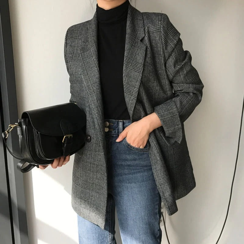 Blazer for Women - Classic Checkered - Wool Blend - Oversized Fit - Single-Breasted