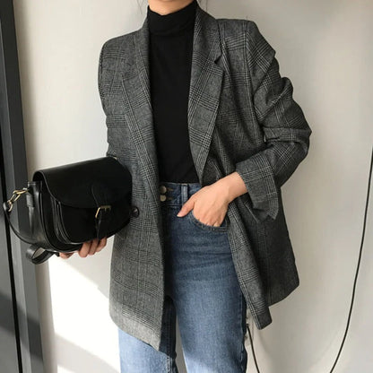 Blazer for Women - Classic Checkered - Wool Blend - Oversized Fit - Single-Breasted