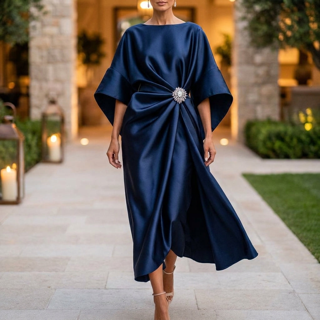 Shimmer Draped Ankle-Length Long Dress for Women – Elegant Evening Style