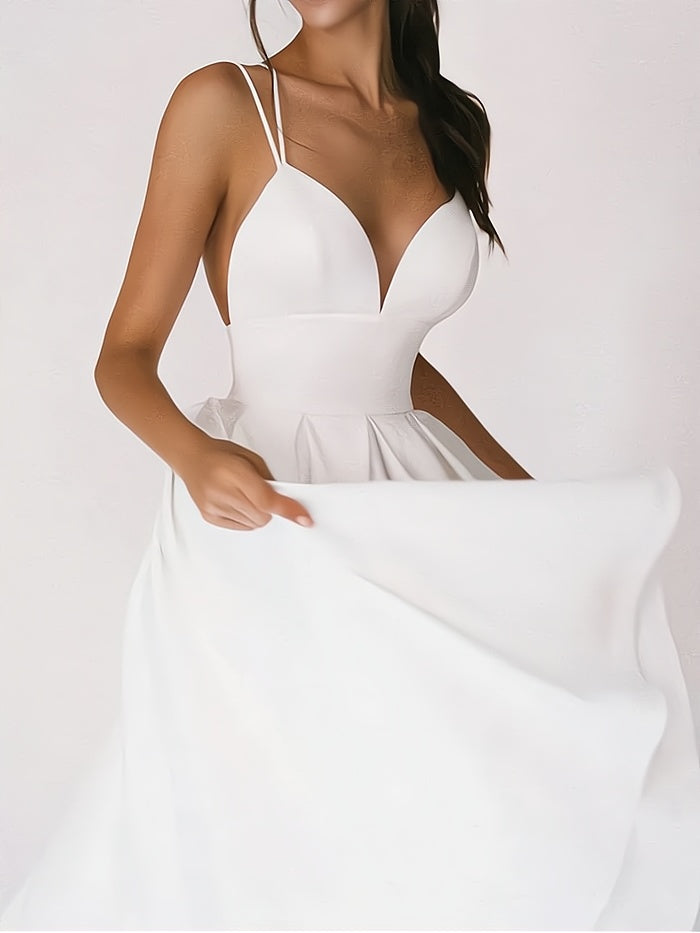 Women's Party Dress - V-Neck - Spaghetti Straps - Fitted Waist - Long A-Line Skirt