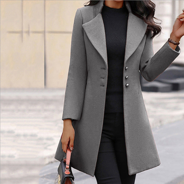 Women's Long Coat - Tailored Fit - Double Breasted Buttons - Elegant Wool Look