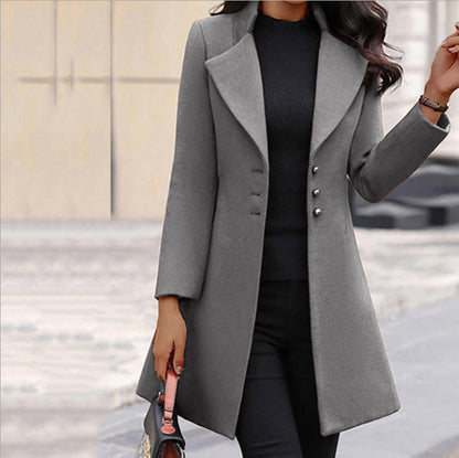 Women's Long Coat - Tailored Fit - Double Breasted Buttons - Elegant Wool Look