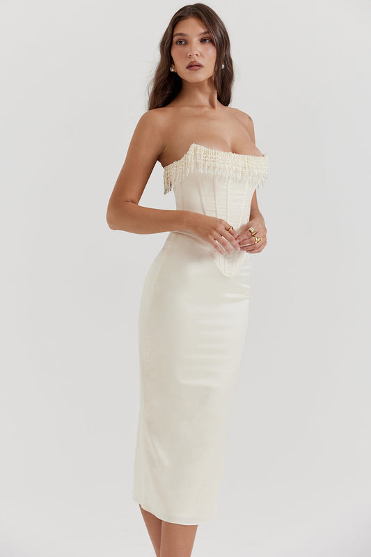 Dress for Women – Strapless – Fitted – Satin Look – Mid-Length – Lace-Up Back