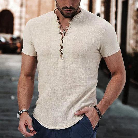 Men's Henley T-shirt - Lightweight Cotton Linen - Slim Fit - Short Sleeves - Button Closure