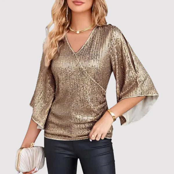 Women's Blouse - V-neck Wrap Design - Glittering Texture - 3/4 Ruffle Sleeves