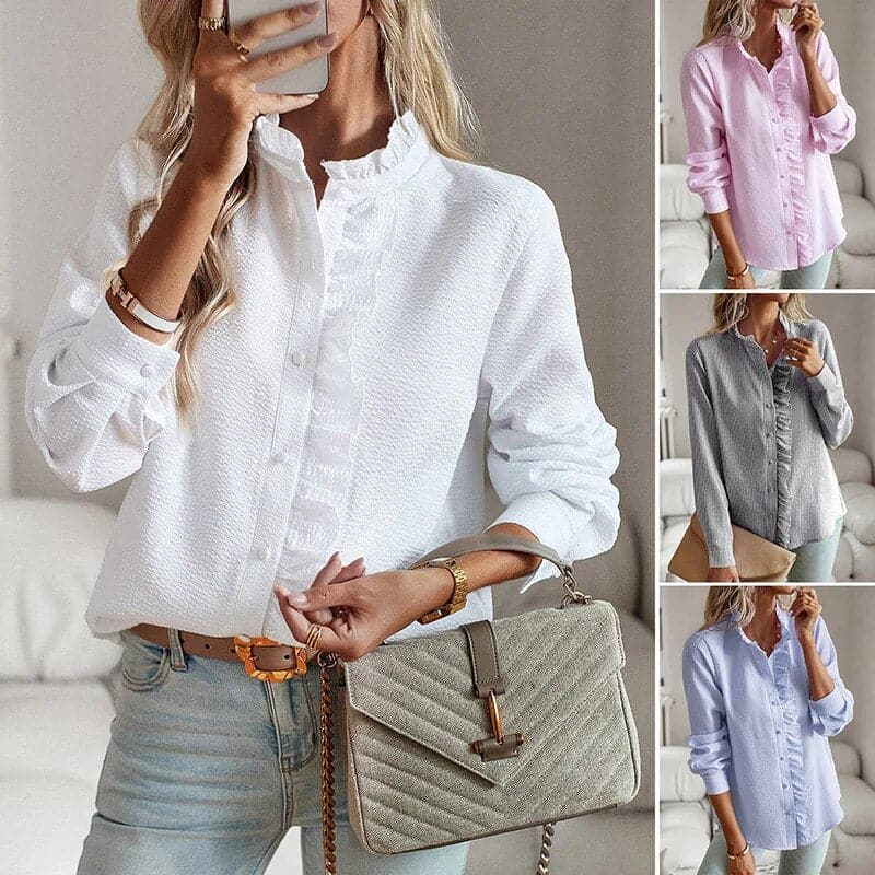 Women's Blouse - Light Crinkle Effect - Button Closure with Ruffle Details - Long-Sleeved Loose Fit
