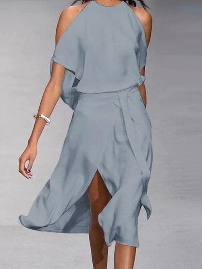 Women's Dress - Halterneck - Sleeveless - Flowy Fit - High Slit Elegant Design
