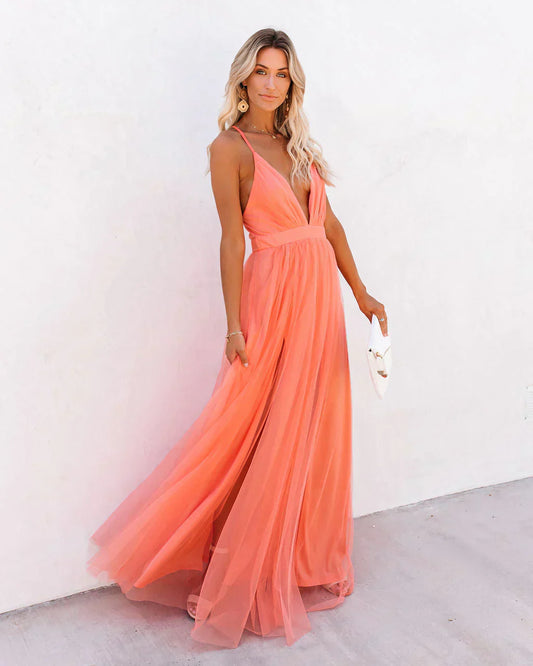 Dress for Women – Long Maxi Dress – V-Neckline – Spaghetti Straps – Elegant Fit