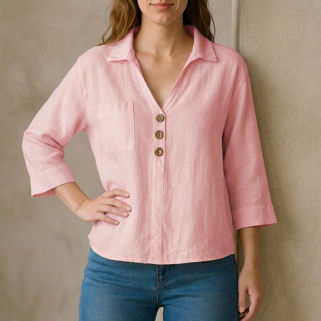 Relaxed Fit Collared V-Neck Shirt for Women – Casual Comfortable Style