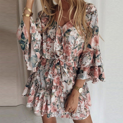 Karine - Floral Boho Chiffon Mini Dress – Ruffled Bell Sleeves, Waist Tie, Summer Beach Outfit