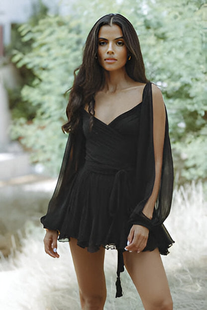 Woman Dress - V-Neck Wrap Design - Long Slit Sleeves - Tie Belt - Short Ruffle Hem