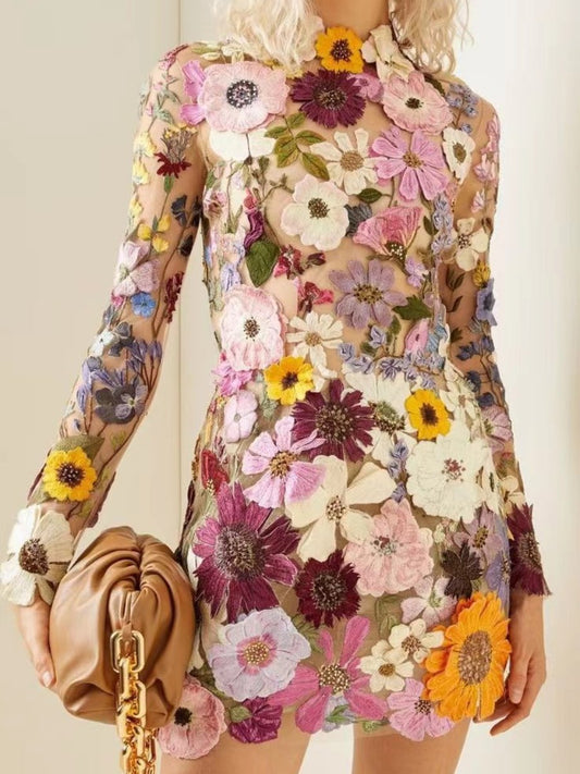 Women's Dress - Embroidered Floral Design - Long-Sleeved - Short Silhouette - Elegant Look