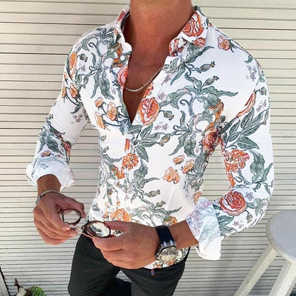 Men's Shirt - Long Sleeve - Button Closure - Floral Pattern - Slim Fit