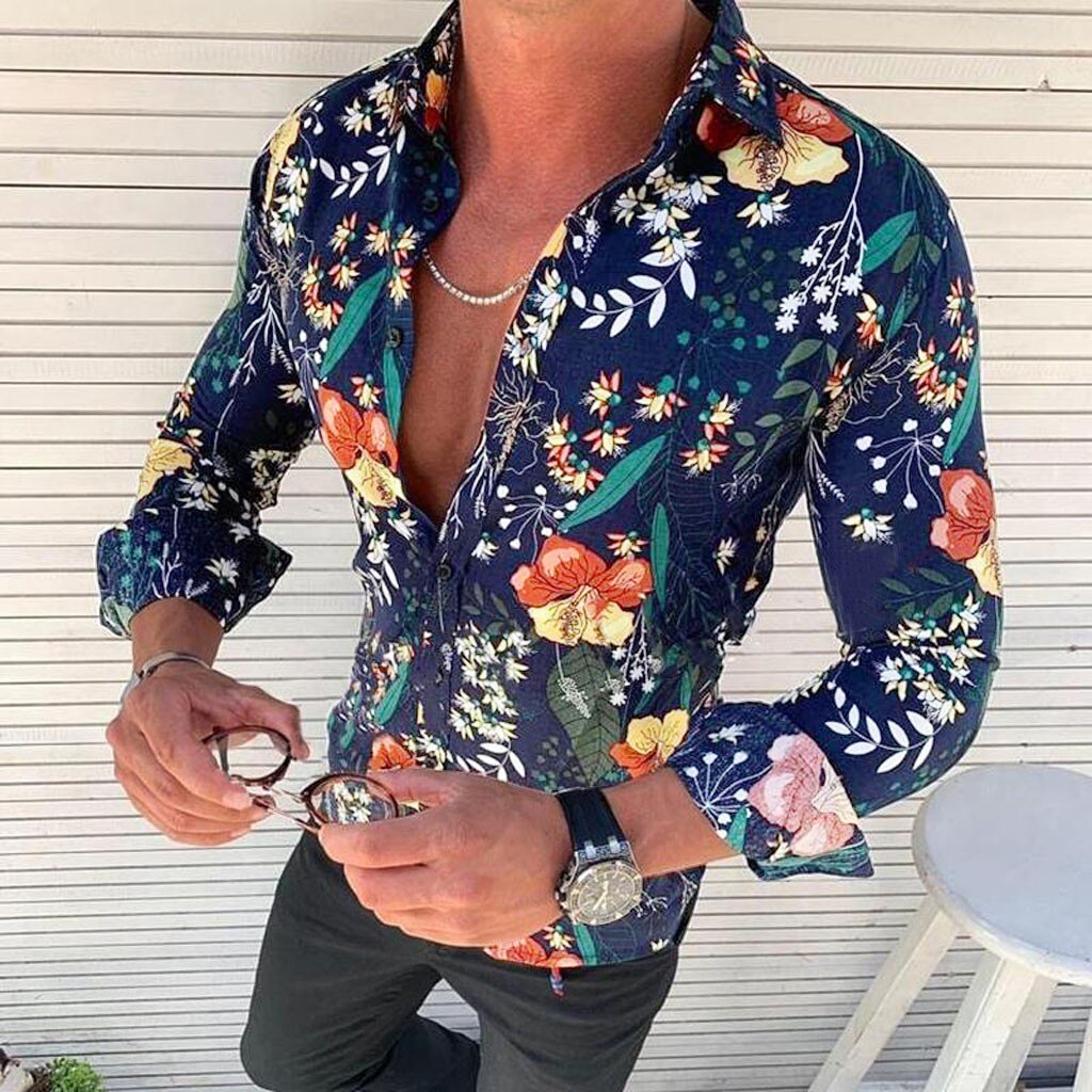 Men's Shirt - Long Sleeve - Button Closure - Floral Pattern - Slim Fit